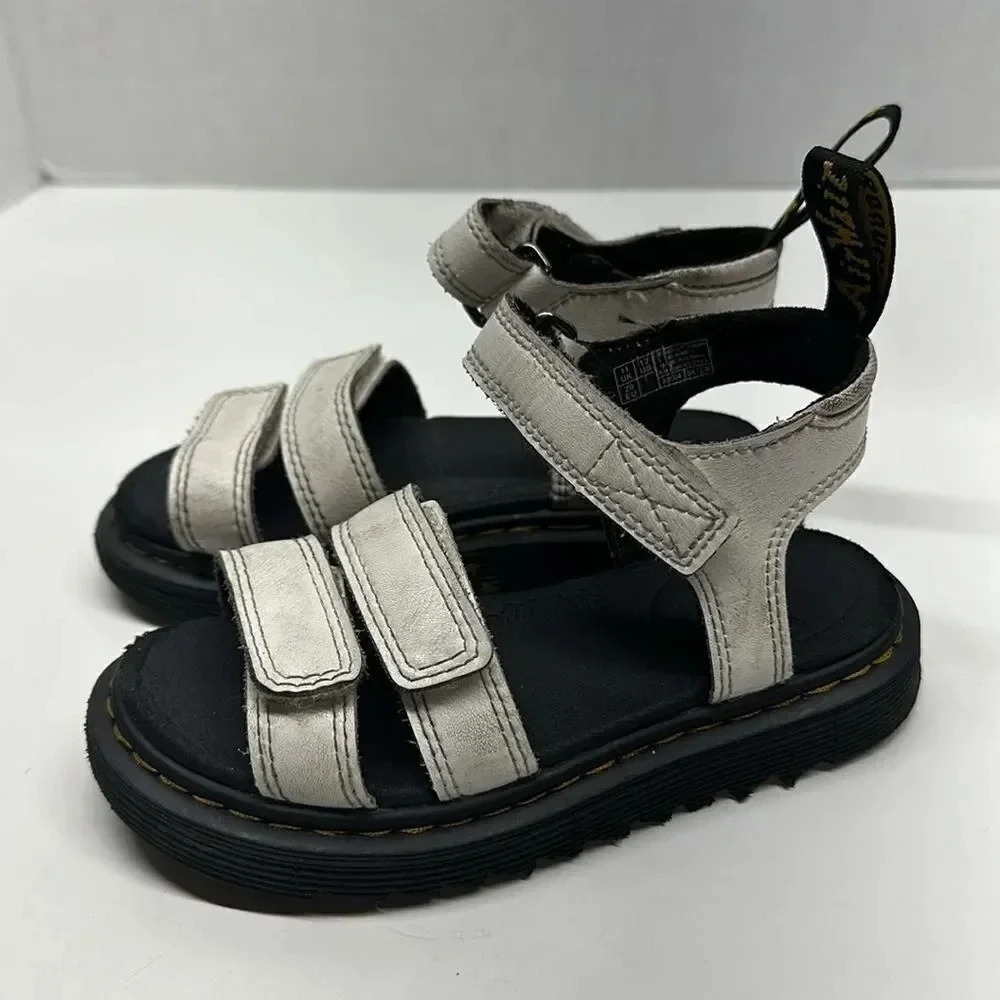Dr Martens Klaire Sandals Shoes Leather Open Toe White Black Kids Girls Size 12
